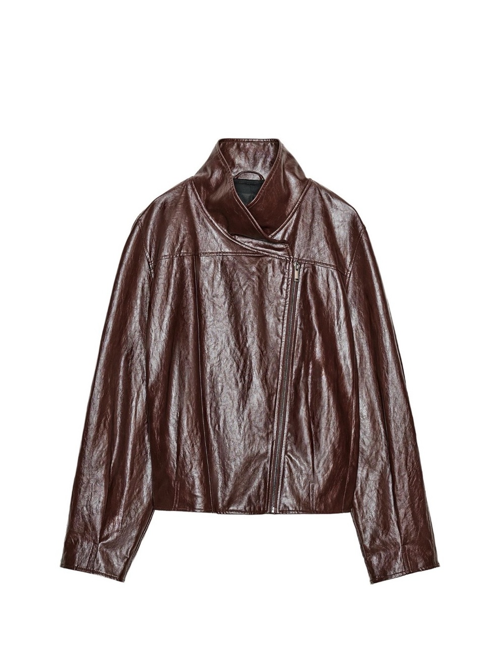 Zara Women's Shiny Brown Asymmetrical Leather Jacket